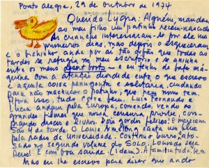 Carta de Erico Verissimo a Lygia Fagundes Telles, 29 de outubro de 1974. Arquivo Lygia Fagundes Telles / Acervo IMS