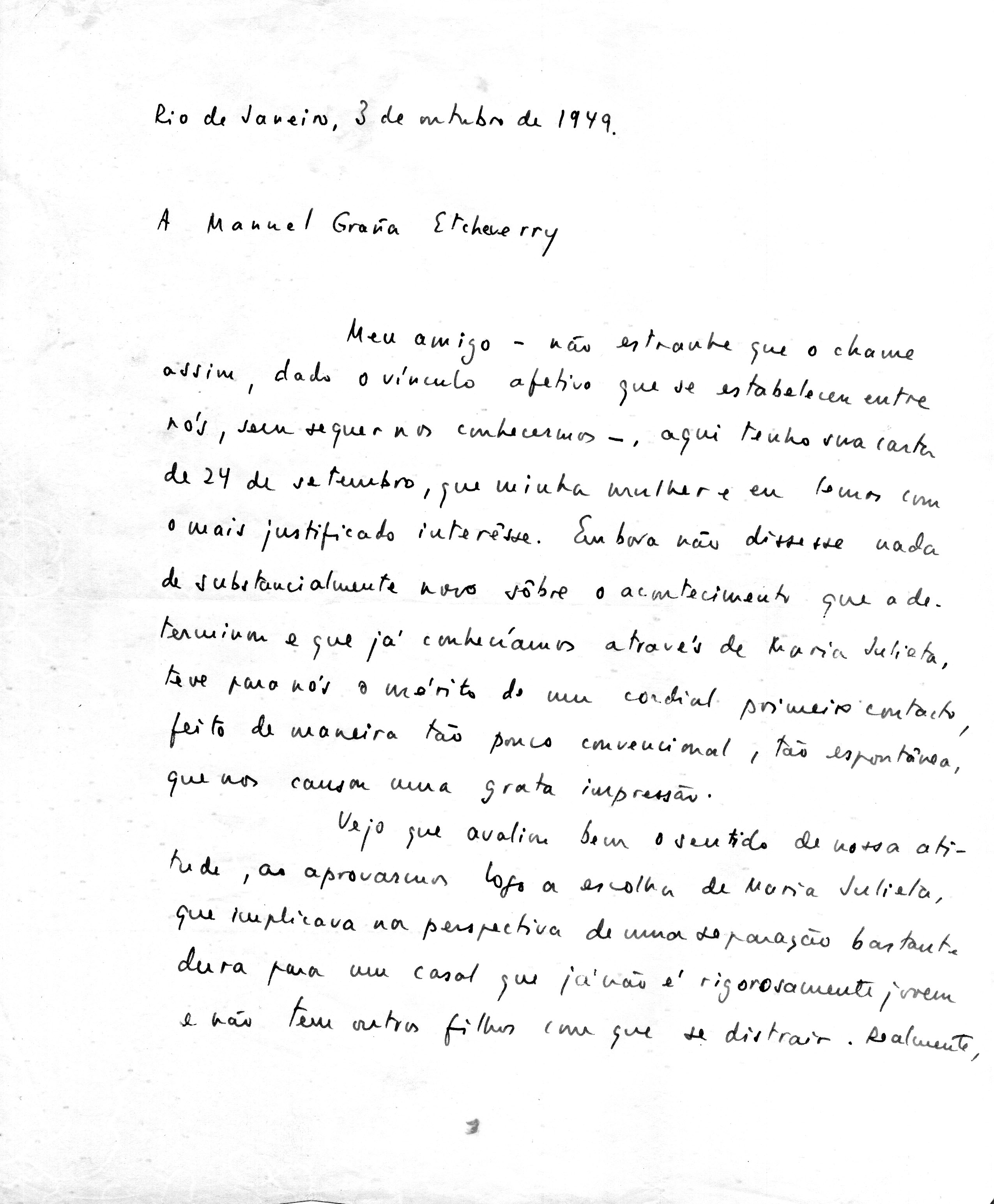 Carta de Carlos Drummond de Andrade a Manuel Graña Etcheverry, 3 de outubro de 1949. Arquivo pessoal Pedro Augusto Graña Drummond
