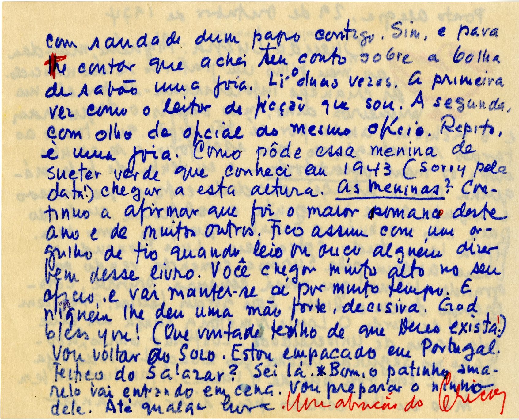Carta de Erico Verissimo a Lygia Fagundes Telles, 29 de outubro de 1974. Arquivo Lygia Fagundes Telles / Acervo IMS