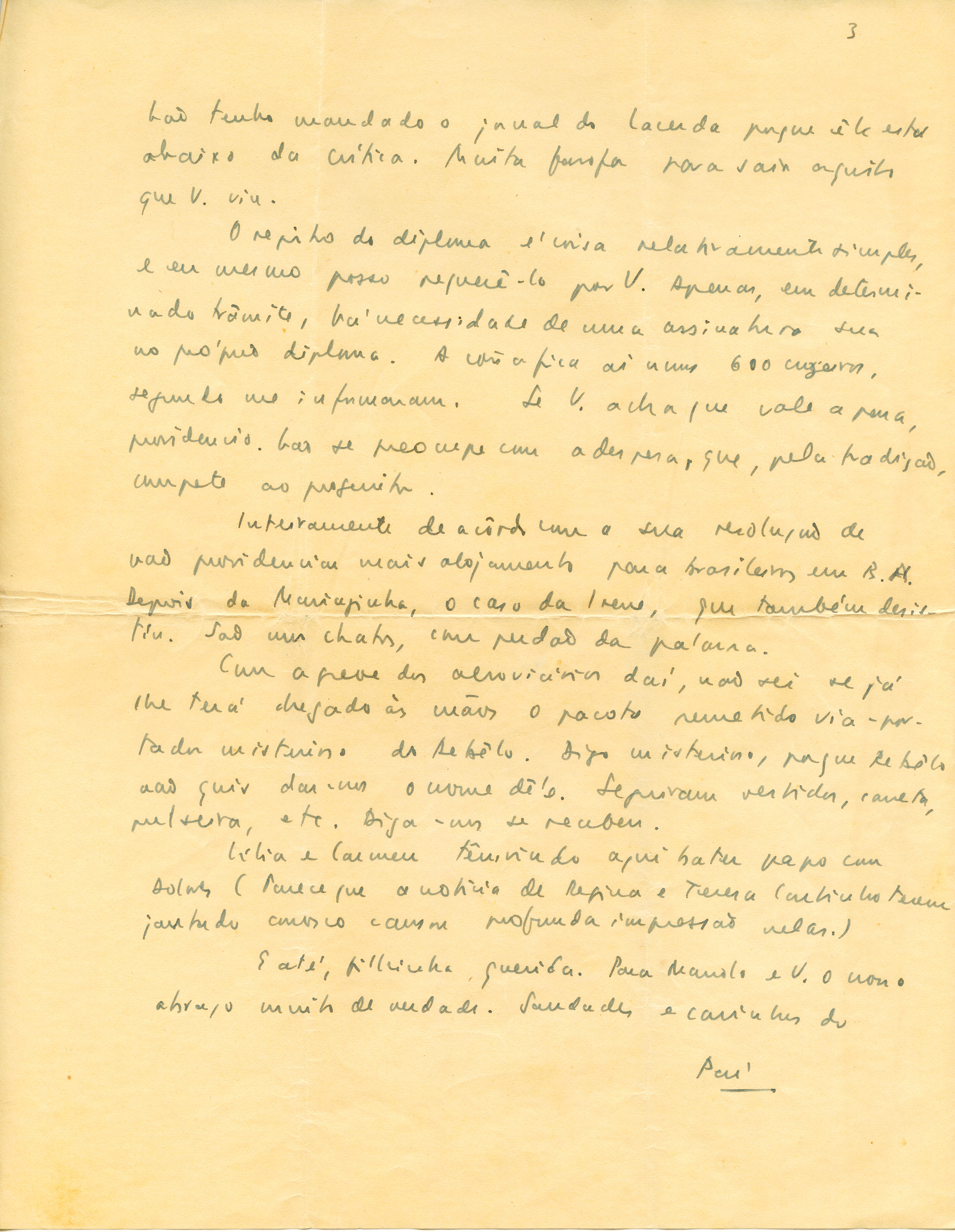 Carta de Carlos Drummond de Andrade a Maria Julieta Drummond de Andrade. Arquivo pessoal Pedro Augusto Graña Drummond