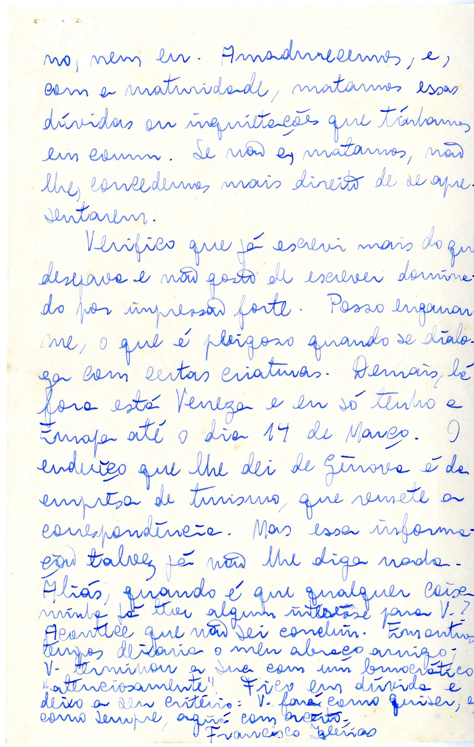 Carta de Francisco Iglésias a Otto Lara Resende, 19 de fevereiro de 1958. Arquivo Otto Lara Resende / Acervo IMS
