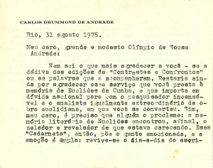 Carta de Carlos Drummond de Andrade a Olímpio de Souza Andrade, 31 de agosto de 1975. Arquivo Olímpio de Souza Andrade / Acervo IMS