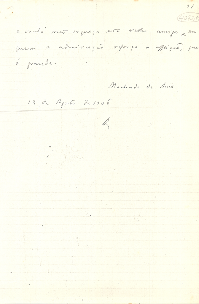 Carta de Machado de Assis a Joaquim Nabuco, 19 de agosto de 1906. Fundação Joaquim Nabuco
