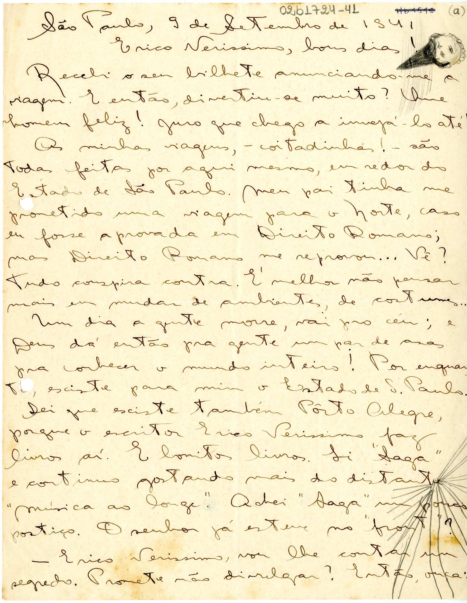 Carta de Lygia Fagundes Telles a Erico Verissimo (página 1)