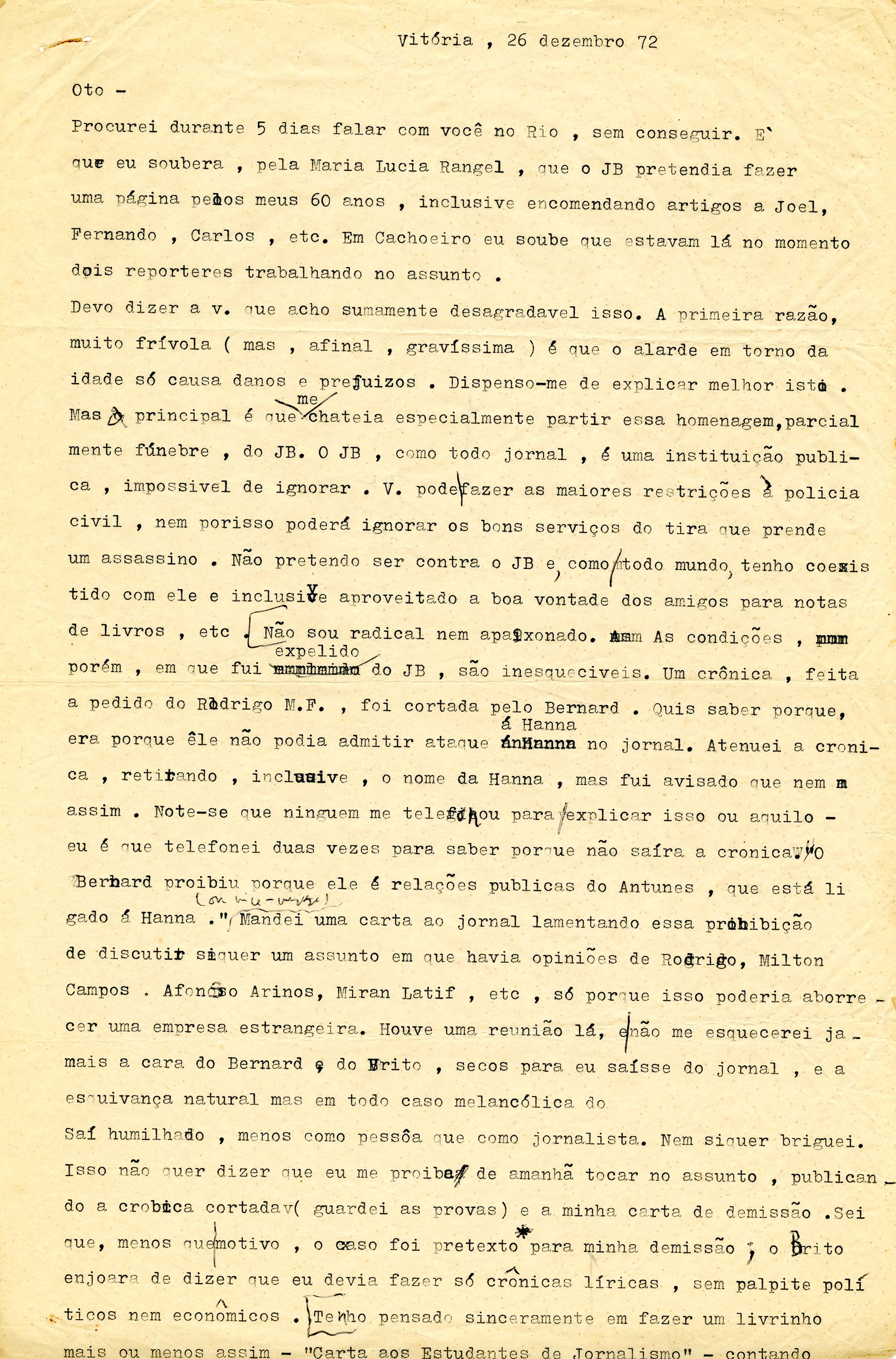 Carta de Rubem Braga a Otto Lara Resende, 26 de dezembro de 1972. Arquivo Otto Lara Resende / Acervo IMS