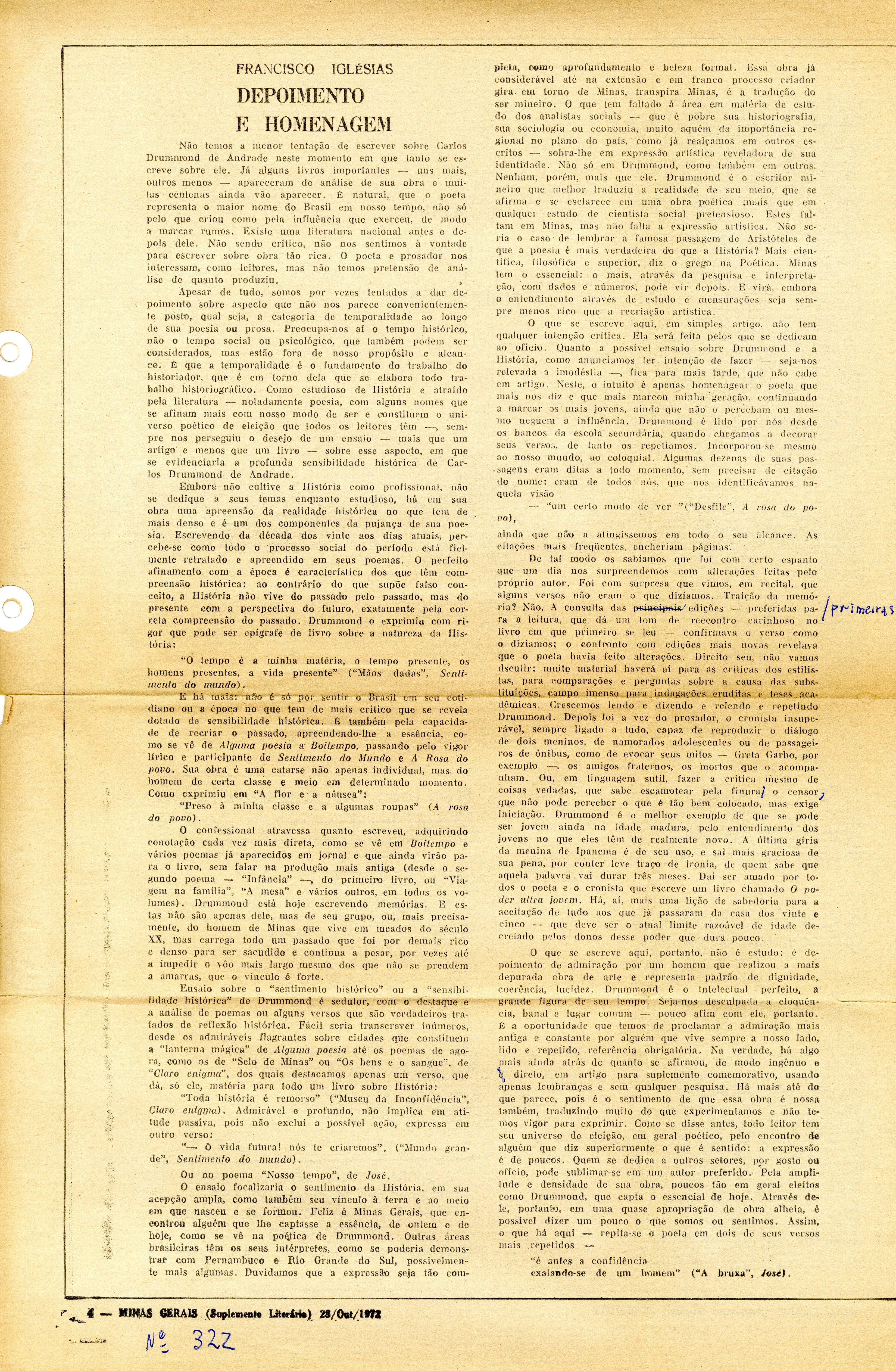 Artigo de Francisco Iglésias publicado no Minas Gerais, Belo Horizonte, 28/10/1972. Arquivo Francisco Iglésias / Acervo IMS