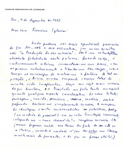 Carta de Carlos Drummond de Andrade a Francisco Iglésias, 4 de dezembro de 1972. Arquivo Francisco Iglésias / Acervo IMS