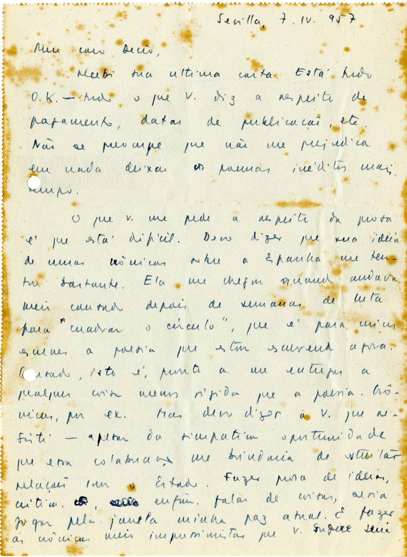 Carta de João Cabral de Melo Neto a Decio de Almeida Prado, 7 de abril de 1957. Arquivo Decio de Almeida Prado / Acervo IMS