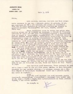 Carta de Augusto Boal a Chico Buarque, 3 de maio de 1976. Arquivo pessoal Cecília Boal