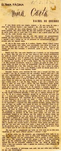 Crônica de Rachel de Queiroz publicada n'O Cruzeiro, Rio de Janeiro, 15/02/1947. Arquivo Rachel de Queiroz / Acervo IMS