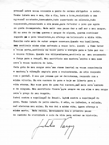 Carta datiloscrita de Getúlio Vargas, 24 de agosto de 1954. Arquivo Getúlio Vargas/ Fundação Getúlio Vargas - CPDOC