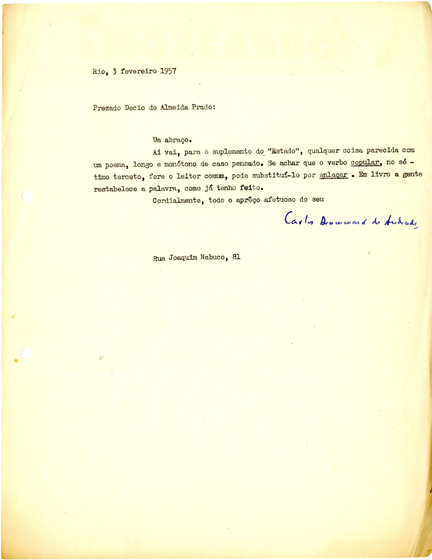 Bilhete de Carlos Drummond de Andrade a Decio de Almeida Prado, 3 de fevereiro de 1957. Arquivo Decio de Almeida Prado/ Acervo IMS