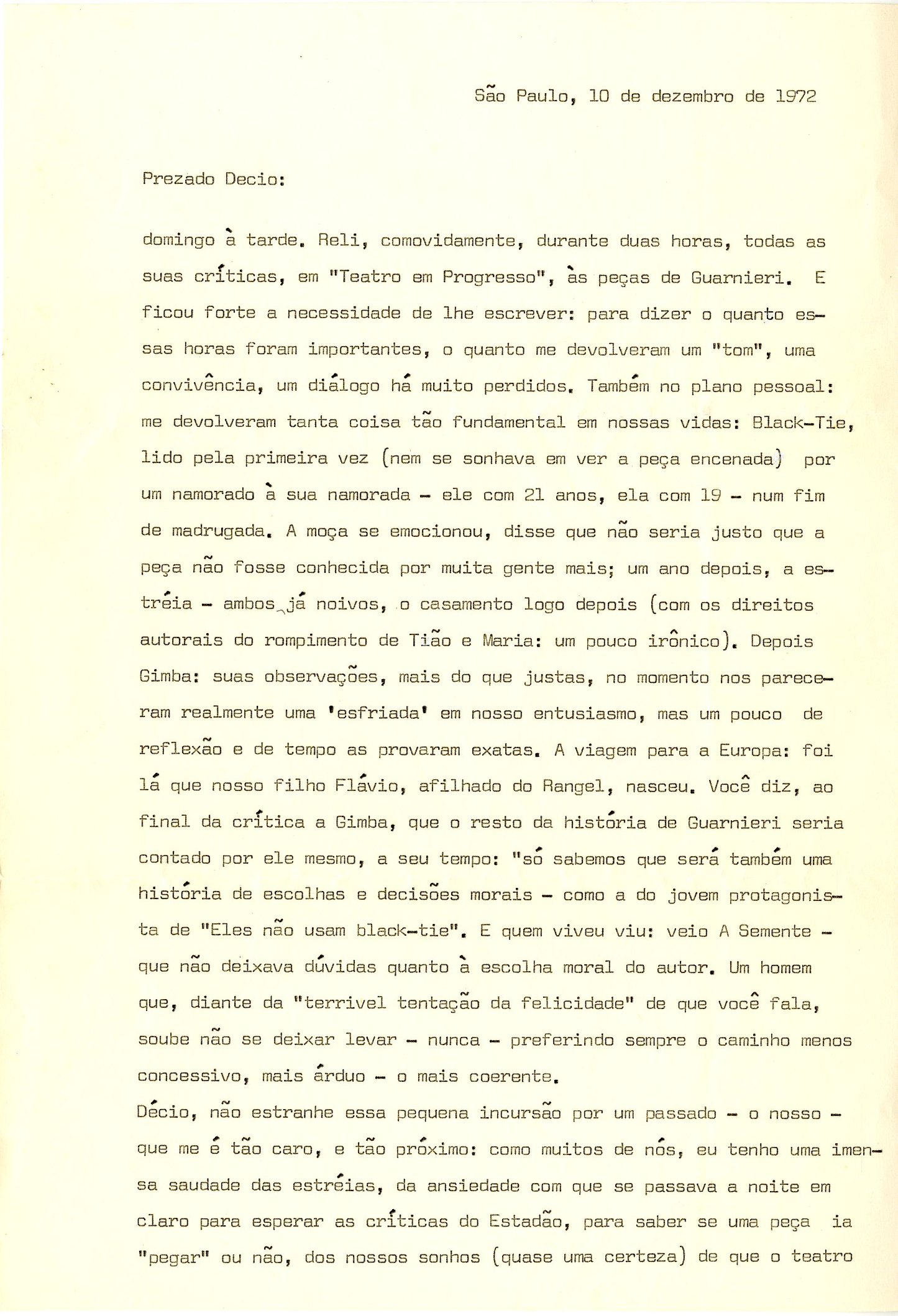 Carta de Cecília Thompson, 10 de dezembro de 1972. Arquivo Decio de Almeida Prado/ Acervo IMS