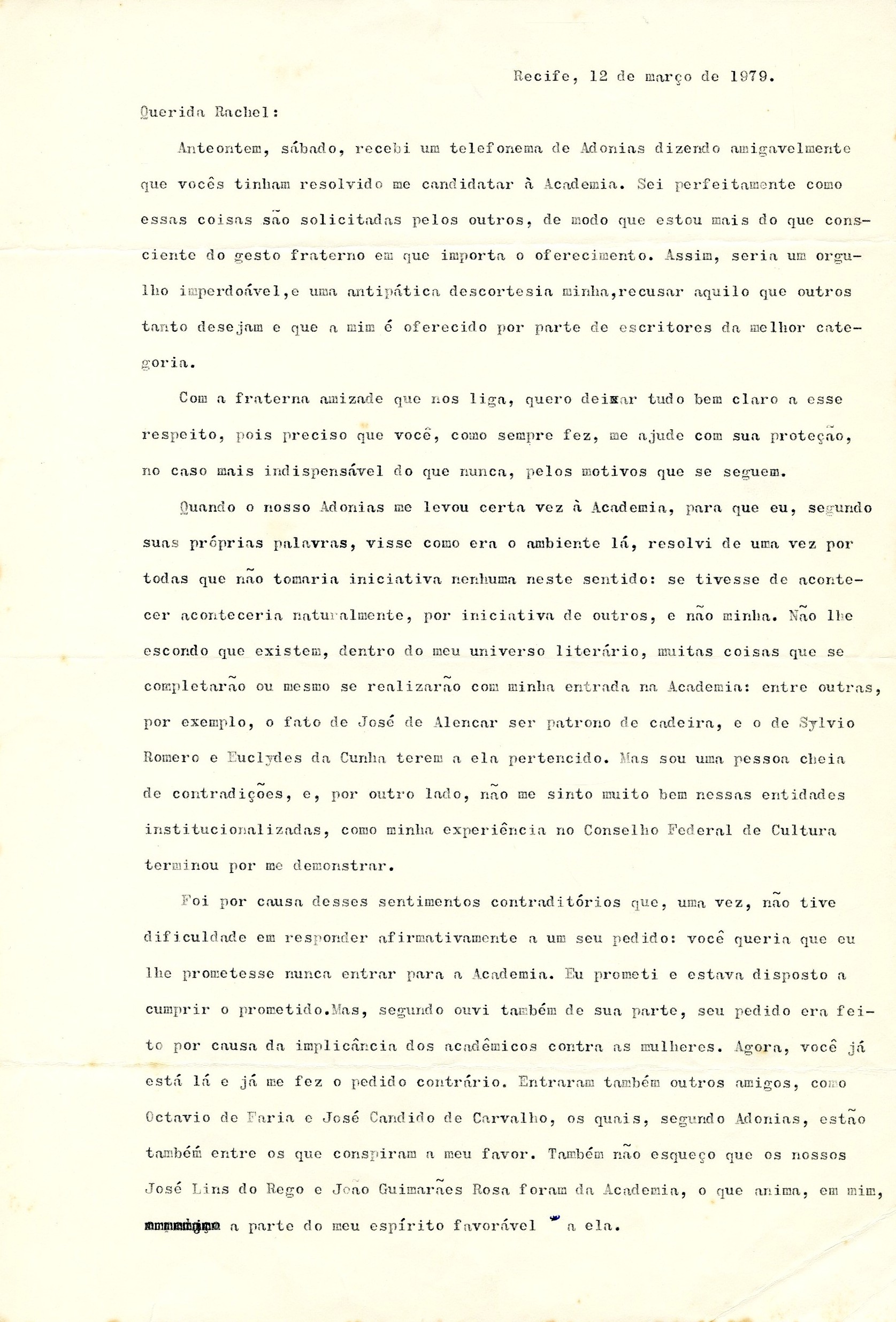 Carta de Ariano Suassuna a Rachel de Queiroz, 12 de março de 1979. Arquivo Rachel de Queiroz/ Acervo IMS