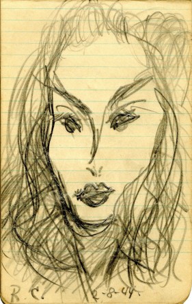 Retrato de Clarice Lispector em seu caderno de bordo, 1944, por Ribeiro Couto. Arquivo Clarice Lispector/ Acervo IMS.