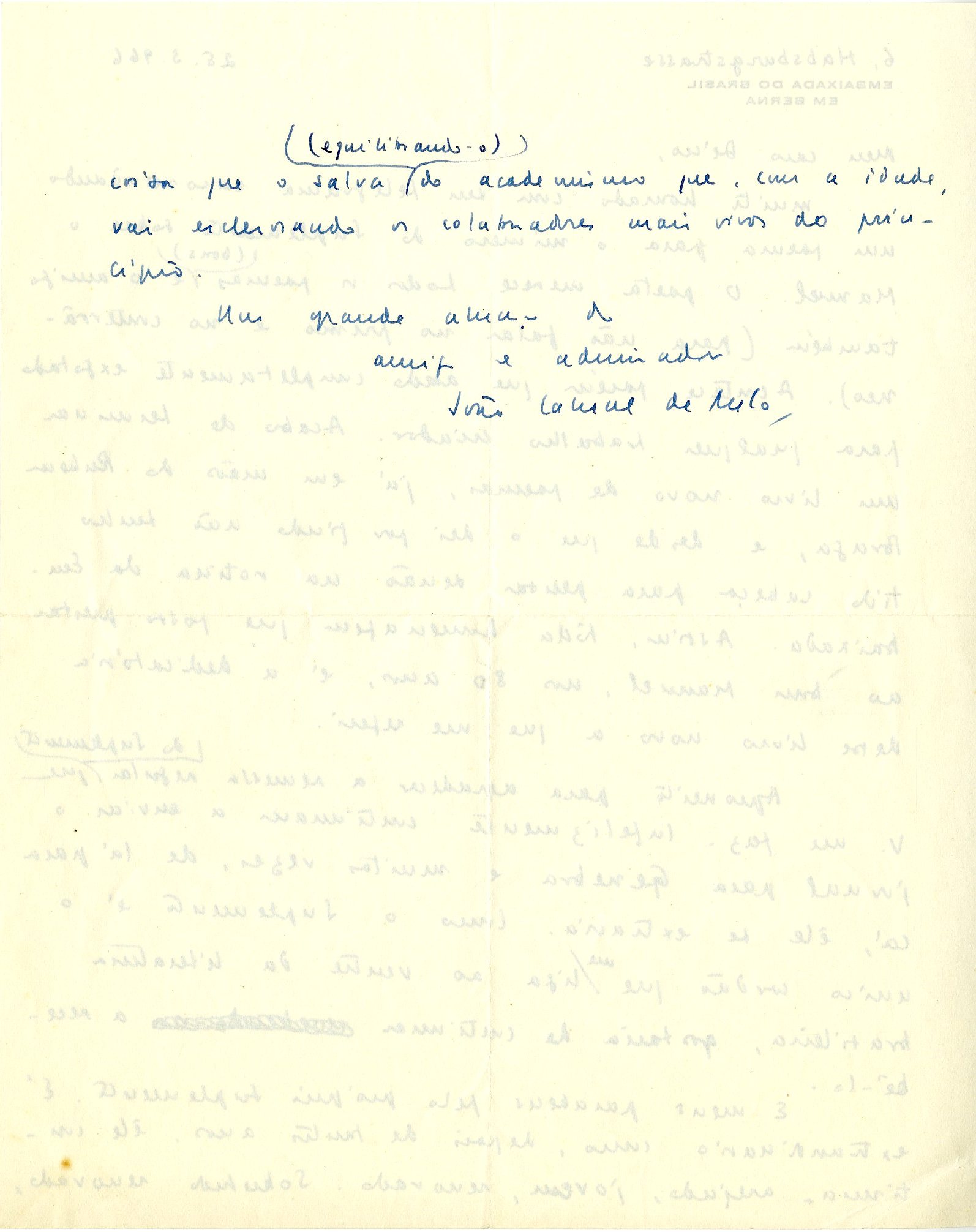 Carta de João Cabral de Melo Neto, 23 de março de 1988. Arquivo Decio de Almeida Prado/ Acervo IMS.