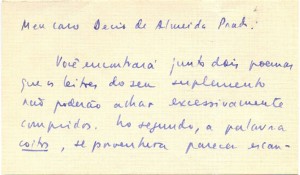 Bilhete de Carlos Drummond de Andrade, 22 de setembro de 1959. Arquivo Decio de Almeida Prado/ Acervo IMS.