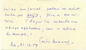 Bilhete de Carlos Drummond de Andrade, 22 de setembro de 1959. Arquivo Decio de Almeida Prado/ Acervo IMS.