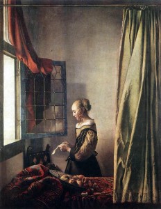 Moça lendo uma carta à janela, c. 1658, por Johannes Vermeer. Óleo sobre tela, 83 x 64,5 cm. Staatliche Kunstsammlungen, Dresden.