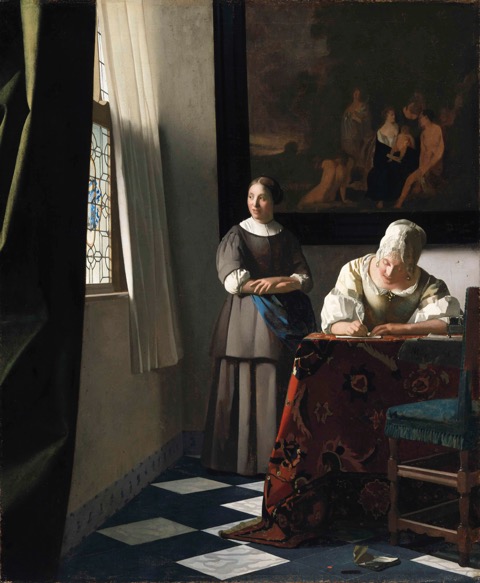 Senhora escrevendo uma carta e sua criada, c.1670, por Johannes Vermeer. Óleo sobre tela, 71,1 x 60,5 cm. National Gallery of Ireland, Dublin.