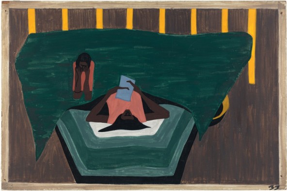 Cartas de parentes no Norte falavam da vida melhor de lá, 1941, por Jacob Lawrence. Têmpera sobre compensado, 30,5 x 45,7 cm., The Phillips Collection, Washington, D.C.