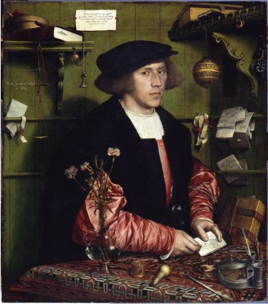 O mercador Georg Gisze, 1532, por Hans Holbein, o Jovem. Óleo sobre madeira, 97,5 x 86,2 cm. Gemäldegalerie, Berlim