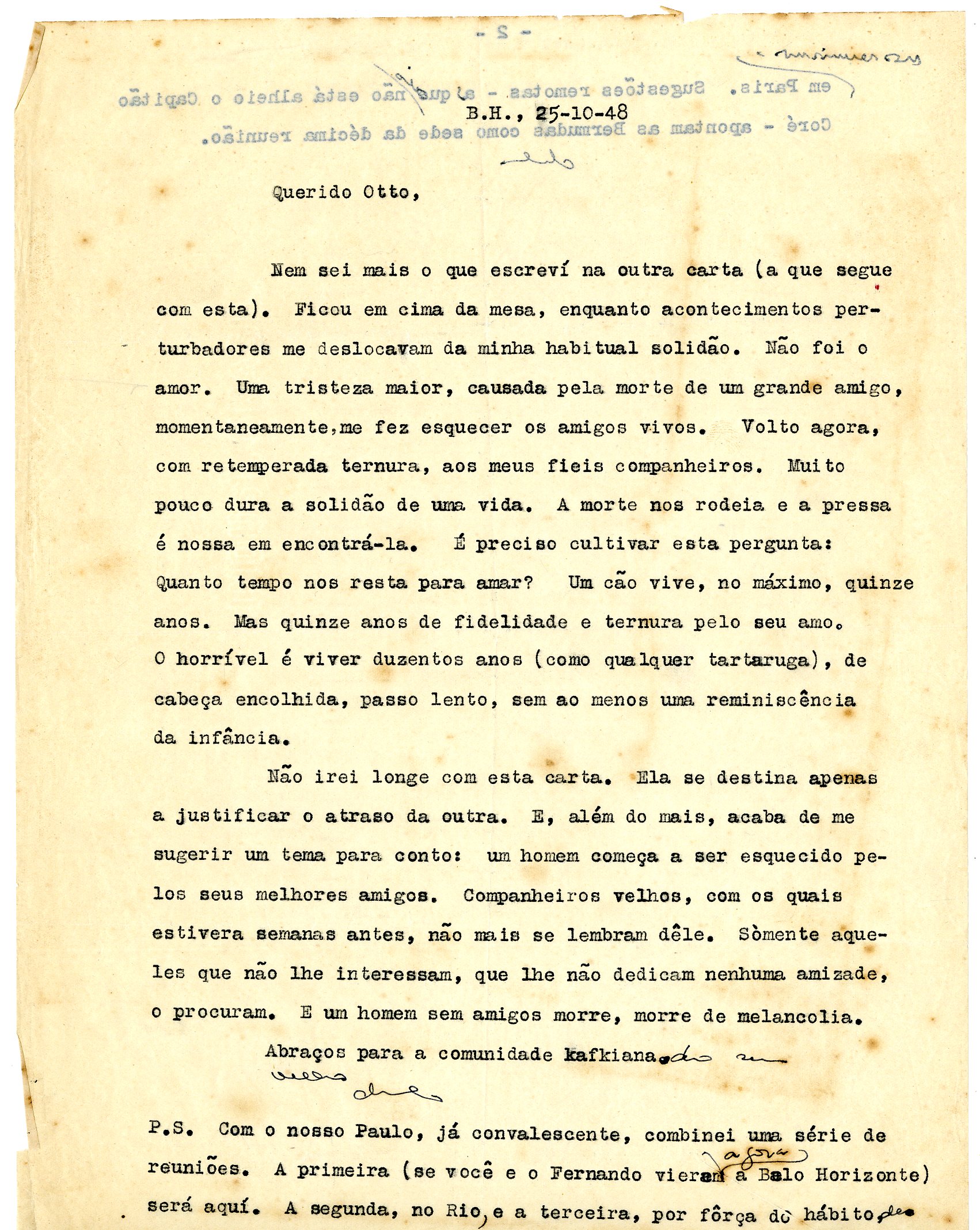 Carta de Murilo Rubião, 25 de outubro de 1948. Acervo Otto Lara Resende/ IMS