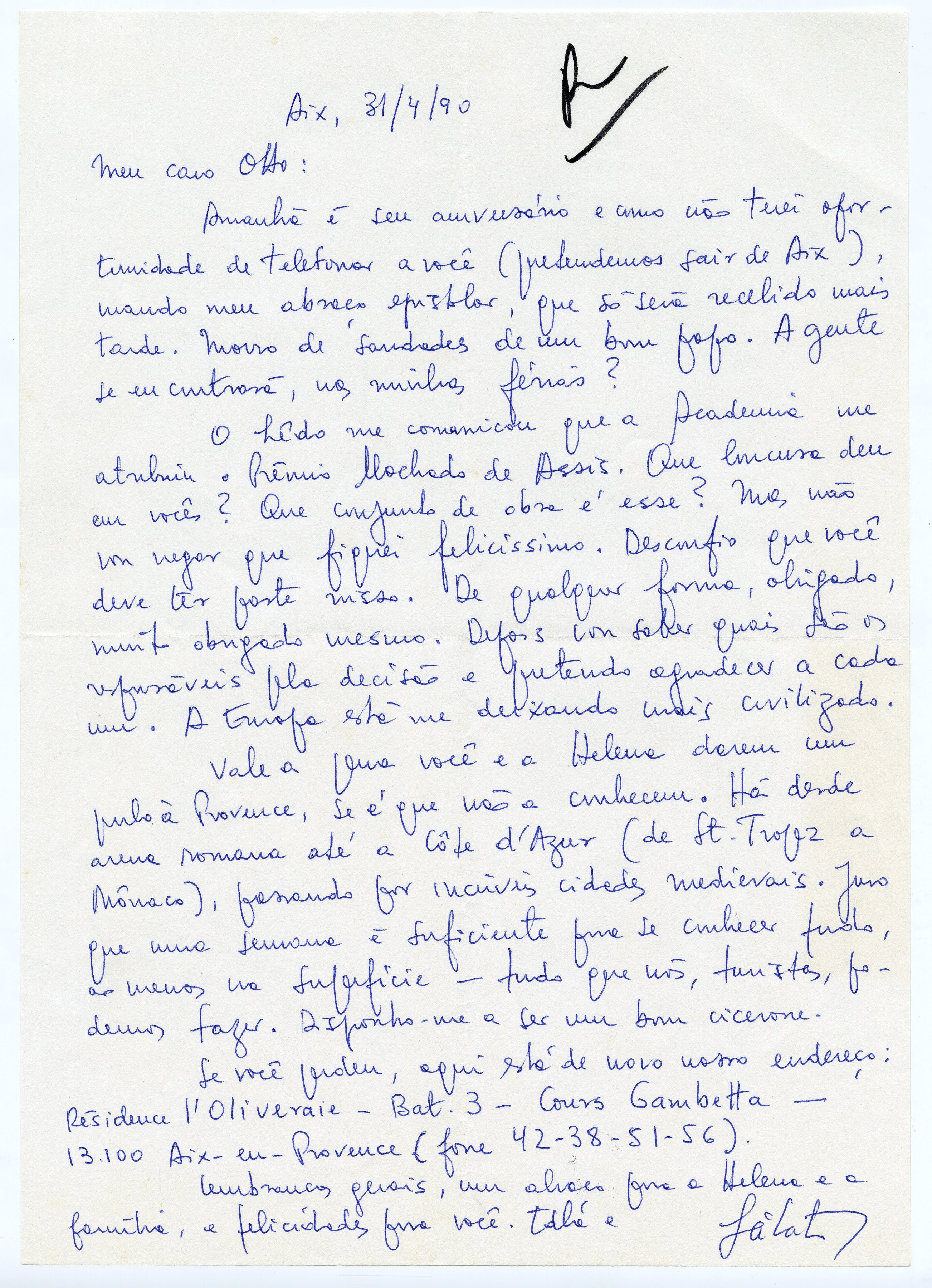 Carta de Sábato Magaldi, 31 de abril de 1990. Acervo Otto Lara Resende/ IMS