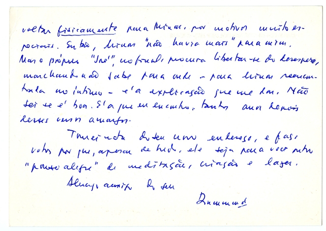 Carta de Carlos Drummond de Andrade, 29 de setembro de 1982. Acervo Francisco Iglésias/ IMS