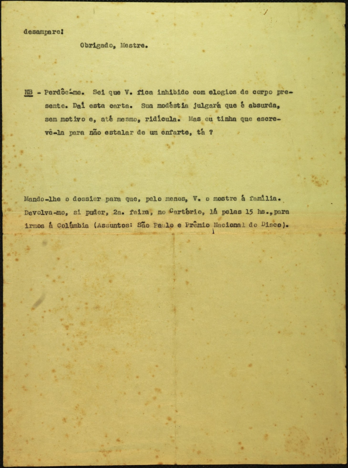Carta de Jacob do Bandolim, 23 de outubro de 1964. Instituto Jacob do Bandolim