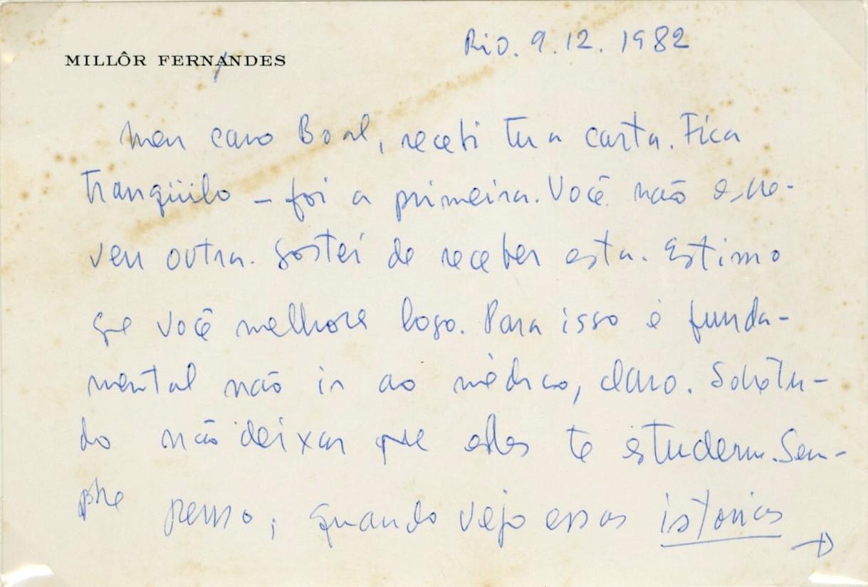 Cartão-postal de Millôr Fernandes, 9 de dezembro de 1982. Instituto Augusto Boal