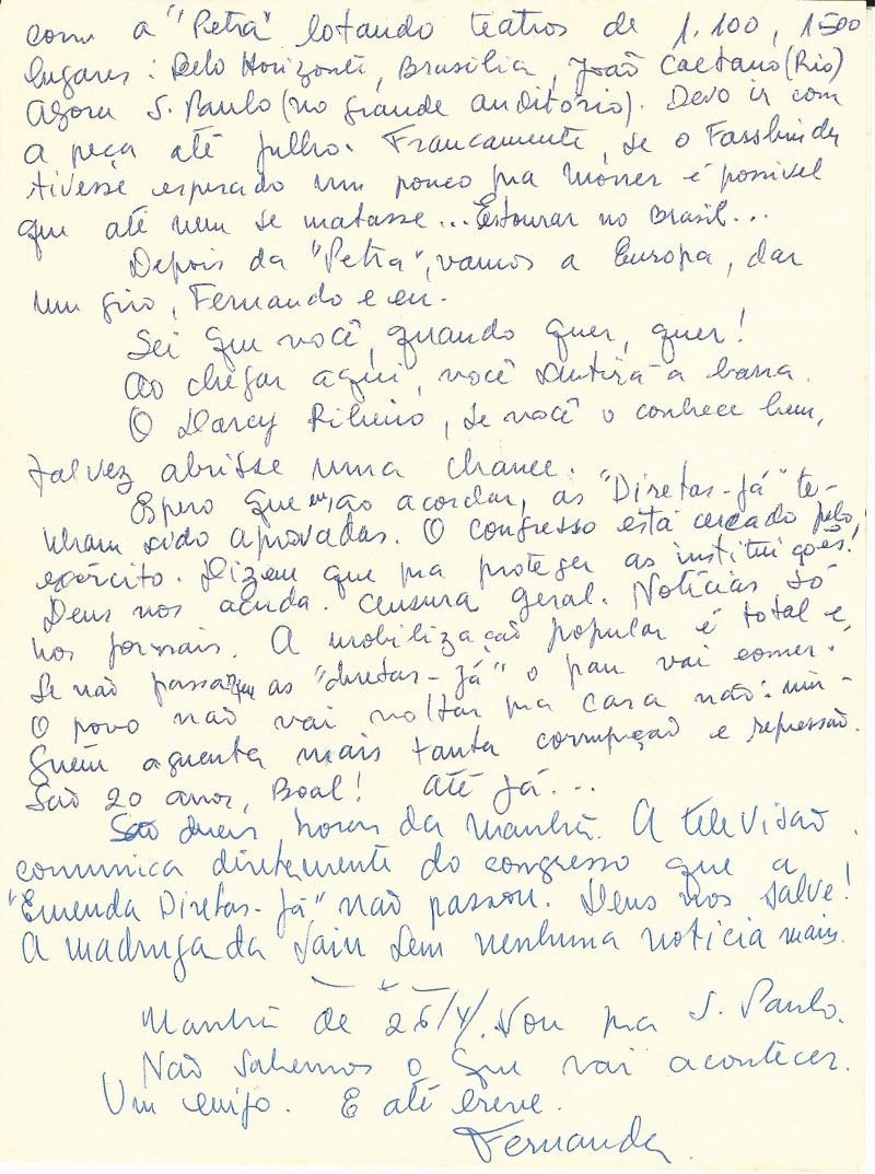 Carta de Fernanda Montenegro, 25 de abril de 1984. Instituto Augusto Boal