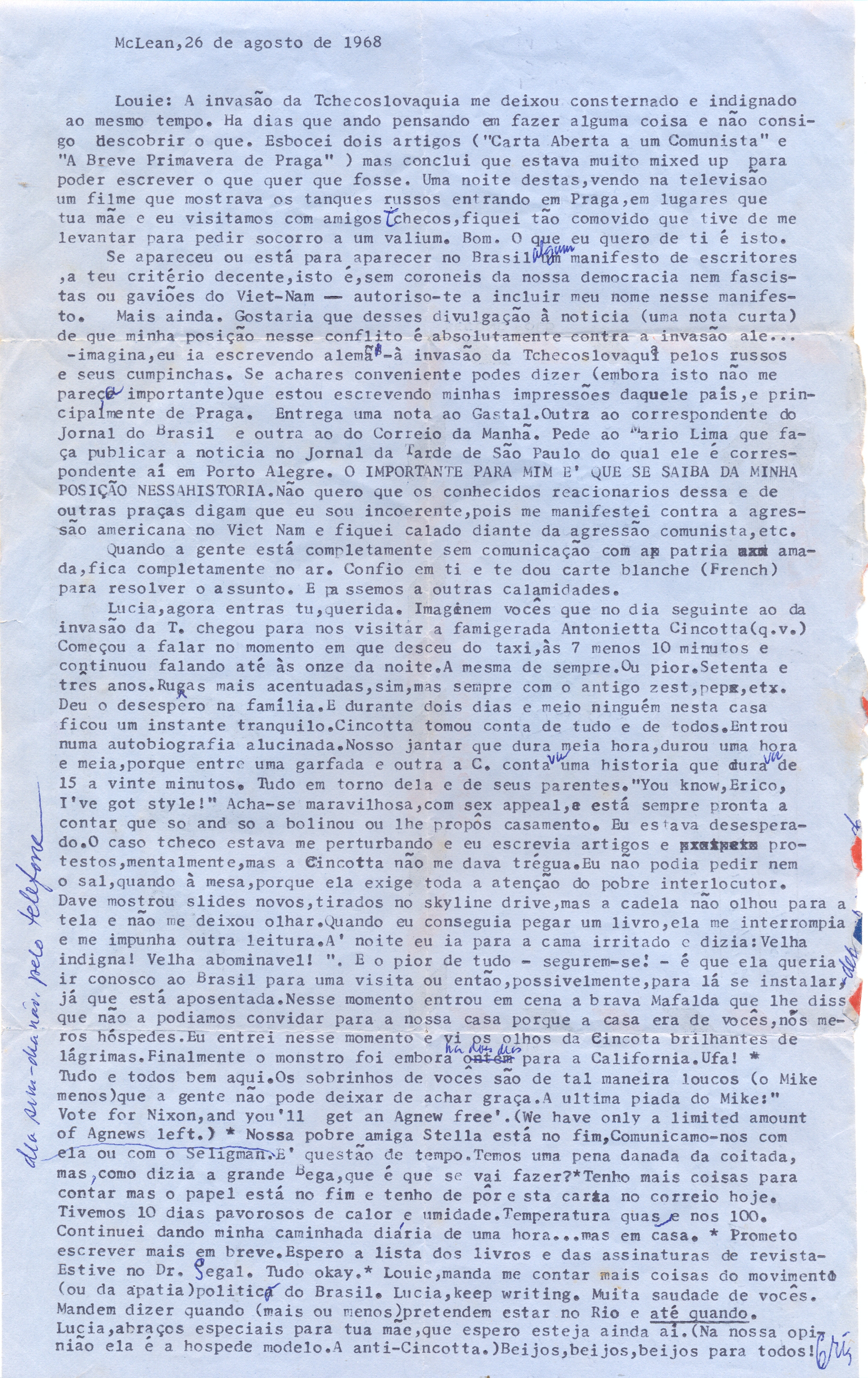 Carta de Erico Veríssimo, 26 de agosto de 1968. Instituto Moreira Salles